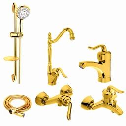 ست شیرالات رز مدل بیزانس پلاس طلایی مجموعه 6 عددی به همراه علم دوش حمام و شلنگ سرویس بهداشتی 