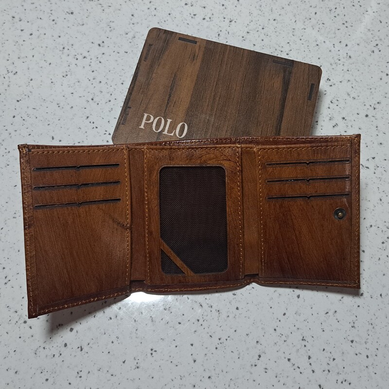 کیف مردانه چرم جیبی سه لت دسترنگ با جعبه چوبی مخصوص پول و کارتهای اعتباری اندازه10در5
