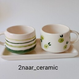 سرویس چایخوری دونفره (سبز و سفید) 2فنجان با سینی کوچک