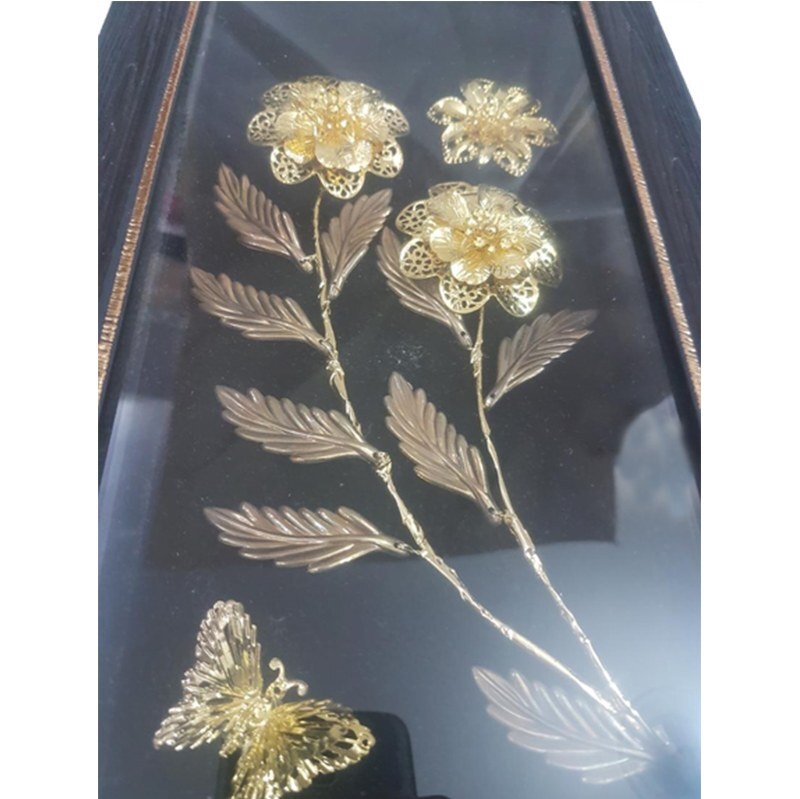 تابلو قاب چوبی  گل و پروانه طلایی