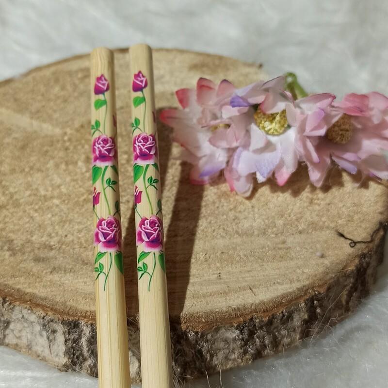 چاپستیک یا چوب غذاخوری کره ای جنس بامبو طرحدار با گلهای ریز