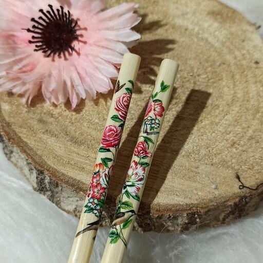 چاپستیک یا چوب غذاخوری کره ای جنس بامبو طرح گلدار  صورتی زیبا