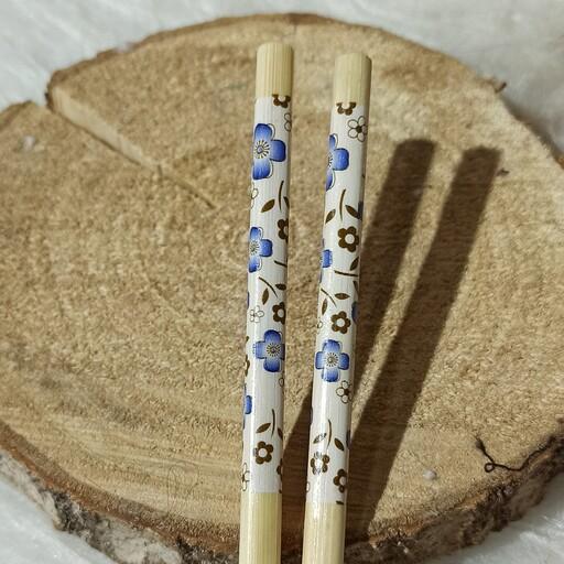 چاپستیک یا چوب غذاخوری کره ای جنس بامبو طرح گلدار  آبی