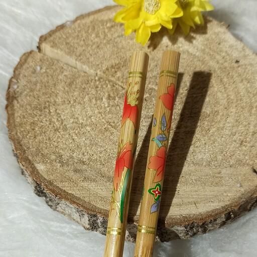 چاپستیک یا چوب غذاخوری ژاپنی جنس بامبو طرح گلدار زیبا