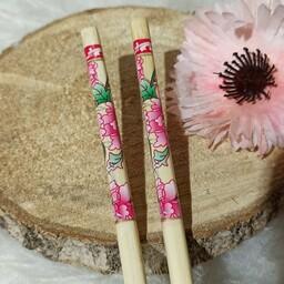 چاپستیک یا چوب غذاخوری چینی جنس بامبو طرح گلدار صورتی