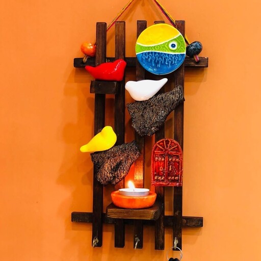 جاکلیدی دیواری چوبی مدل کاشی و پرنده  