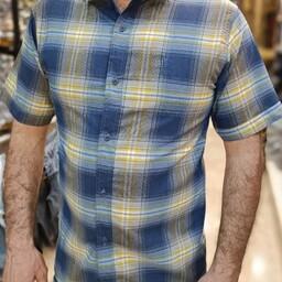 پیراهن چارخونه مردانه ((رنگ آبی و خردلی و رنگ طوسی و مشکی