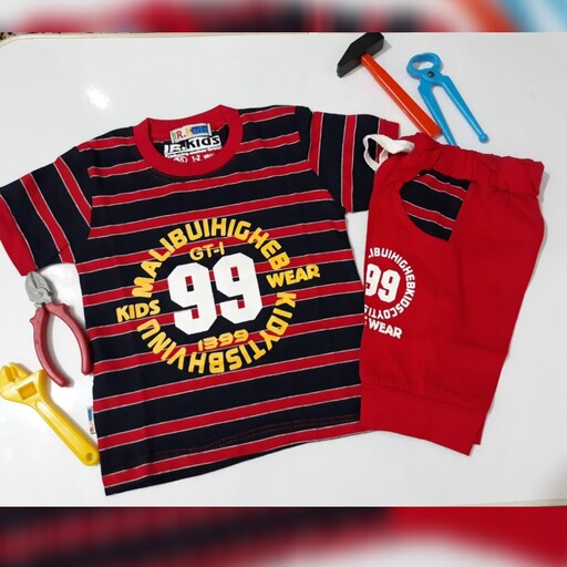 تی شرت شلوارک پسرانه راه راه سایز 35تا45 دورنگ ابی و قرمز