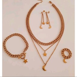 ست گردنبند دستبند انگشتر گوشواره کارتیر و ماه و ستاره استیل طلایی (لاوین گالری)