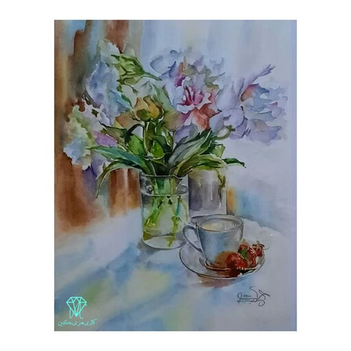 تابلو نقاشی آبرنگ طرح گل های رنگارنگ  و فنجان (دارای قاب و پاسپارتو) با ابعاد 45 در 55