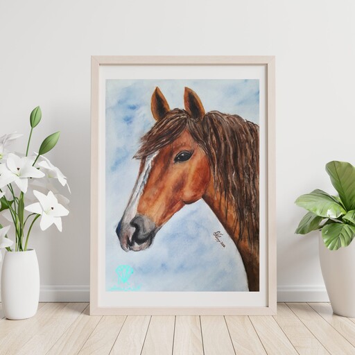 تابلو نقاشی آبرنگ طرح اسب زیبا (دارای قاب و پاسپارتو) با ابعاد 40 در 50