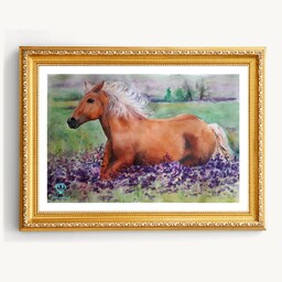تابلو نقاشی آبرنگ طرح اسب سمند (دارای قاب و پاسپارتو) با ابعاد 40 در 50