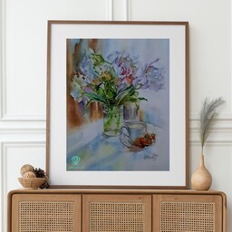 تابلو نقاشی آبرنگ طرح گل های رنگارنگ  و فنجان (دارای قاب و پاسپارتو) با ابعاد 45 در 55
