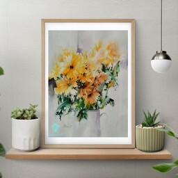 تابلو نقاشی آبرنگ طرح گل های زردرنگ (دارای قاب و پاسپارتو) با ابعاد 50 در 55