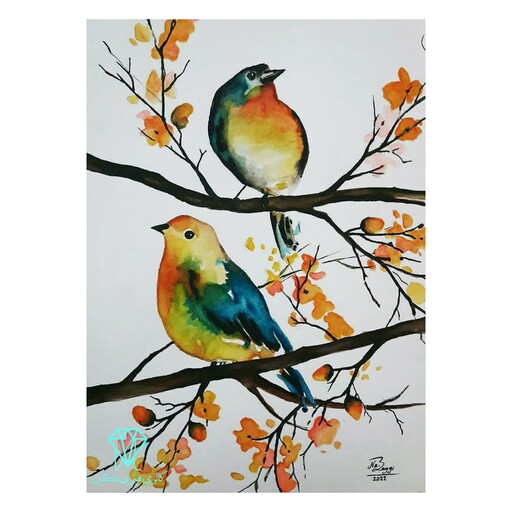 تابلو نقاشی آبرنگ طرح پرنده های نغمه خوان (دارای قاب و پاسپارتو) با ابعاد 40 در 50