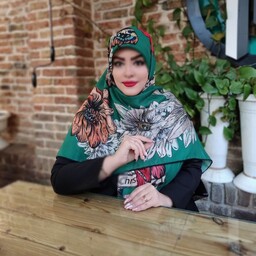 فروش ویژه روسری سوپرنخ گارزا تابستانه قواره 135 دور دست دوز طرح گل دار زمینه سبز ارسال رایگان 