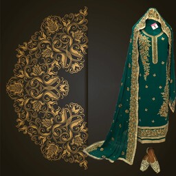 لباس هندی زنانه سه تیکه نیمه دوخته رنگ سبز خاص عروس خانمها و مجالس عروسی فری سایز تا سایز 46