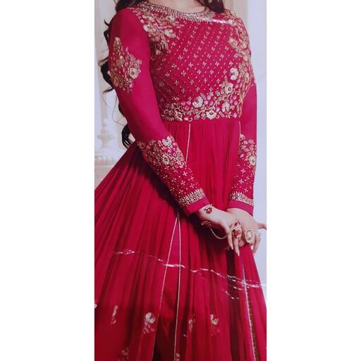 لباس هندی زنانه سه تیکه نیمه دوخته رنگ سرخابی خاص مجالس و عروس خانمها فری سایز تا سایز 46