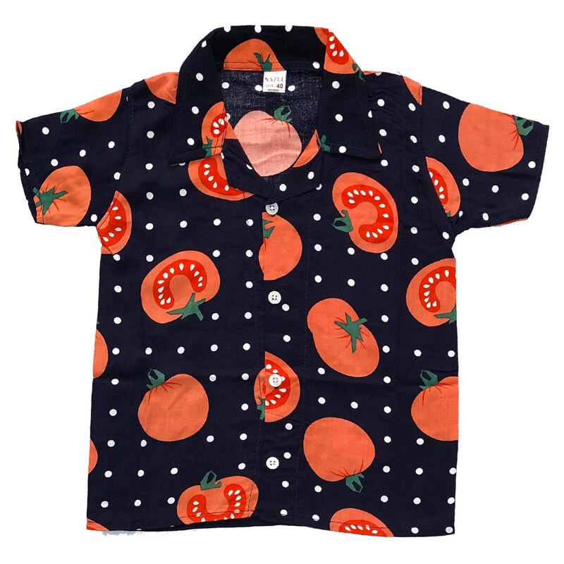 ست پیراهن آستین کوتاه و شلوار پسرانه مدل هاوایی طرح گوجه ای کد 1111