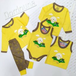 لباس ست نوزادی لباس نوزادی ست 3تکه طرح زرد و قهوه ای خرس