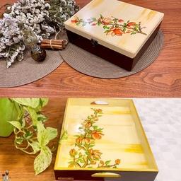 ظروف پذیرایی چوبی شامل سینی و جعبه کارد وچنگال تماما نقاشی با دست