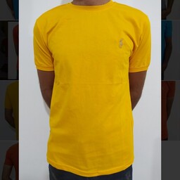 تی شرت آستین کش یقه گرد  زرد  ساده  نخی کشی  مردانه آستین کوتاه تا سایز 3xl