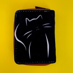 کیف کارت دور زیپ مخمل سیاه و سفید گربه