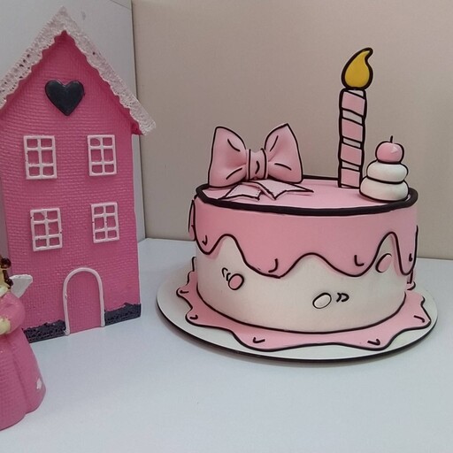 کیک تولد کارتونی دخترونه صورتی نیمه فوندانت با شمع فوندانتی 