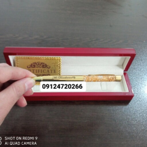 خودکار گلد فویل 24عیار روکش طلا شرکتی به همراه جعبه چوبی و شناسنامه با امکان حک اسم رایگان 