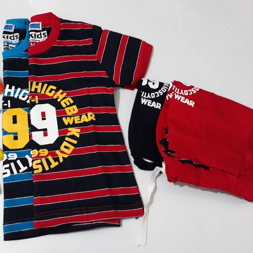 لباس بچگانه پسرانه  یکسال تی شرت شلوارک پسرانه راه راه قرمز و آبی سایز 35 