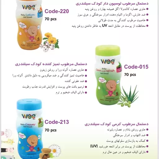 دستمال مرطوب لوسیون دار سیلندری کودک wee care در 3 تنوع 