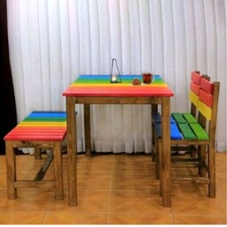 میز نهارخوری به همراه صندلی و نیمکت چوبی چوب روس رنگ فانتزی ضد آب 