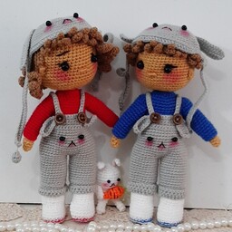 عروسک دستباف دو قلوهای دختر و پسر خرگوشی کاملا مفتول گذاری 