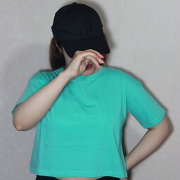 تیشرت کراپ دخترانه ساده  آستین کوتاه فری سایز سبز آبی سوپر نخ پنبه دارای رنگ بندی و طرح های مختلف 