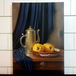 تابلوی نقاشی  رنگ روغن پارچه آبی و میوه سایز 50 در 70 سبک رئال 