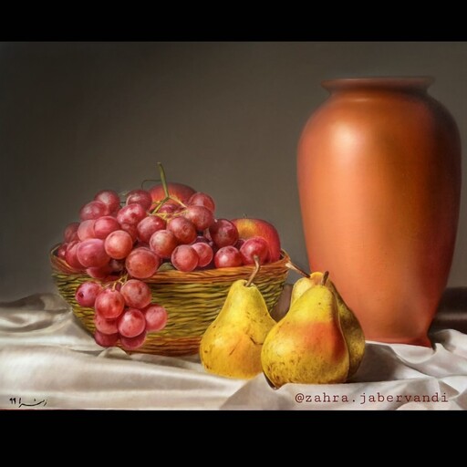 تابلو نقاشی رنگ روغن  میوه های انگور و گلابی سایز 50 در 70 در سبک رئال 