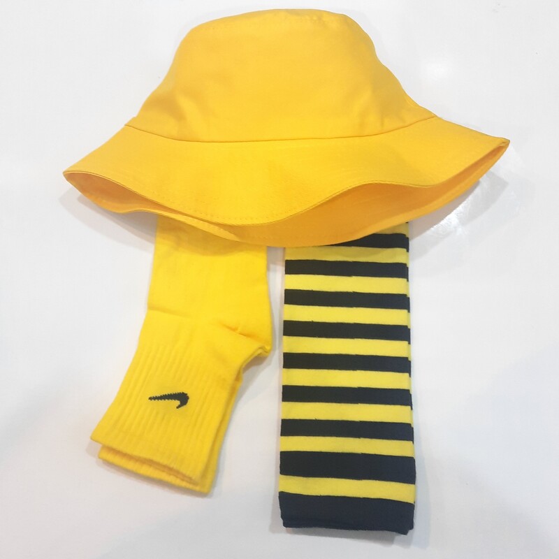 ست کلاه تابستانه و جوراب زرد زنبوری و ساق دست انگشتی  دخترانه و پسرانه
