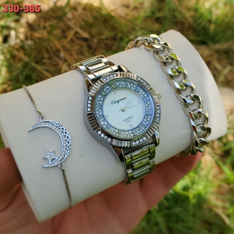 ست ساعت زنانه با دو دستبند شیک نقره ای رنگ