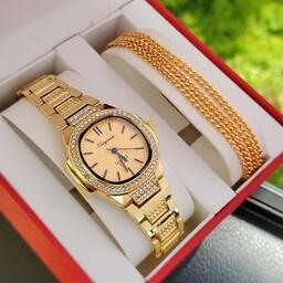 ست ساعت زنانه با دستبند شیک و لاکچری طلایی رنگ