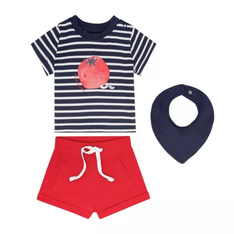 ست نوزادی سه تیکه برند لوپیلو آلمان شامل تیشرت و شلوارک دستما ل گردن سایز 0 تا 2  ماه و 2 تا 6 ماه  تمام نخ ارسال رایگان
