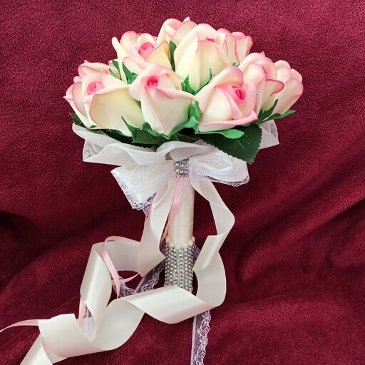 دسته گل عروس مصنوعی  غنچه رز  لب صورتی  فومی عقد عروسی 