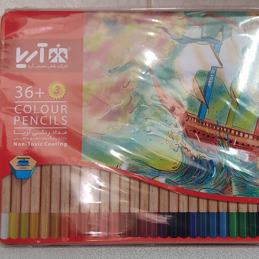 مداد رنگی 36تایی آریا جعبه فلزی مناسب برای کادویی با سه عدد مداد اضافی 