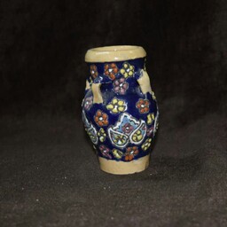 کوزه چهاردسته سفالی.رنگ سرمه ای.طرح میناکاری.لعابدار