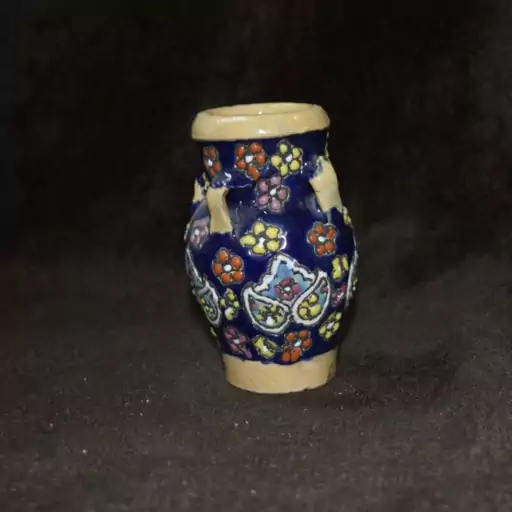 کوزه چهاردسته سفالی.رنگ سرمه ای.طرح میناکاری.لعابدار