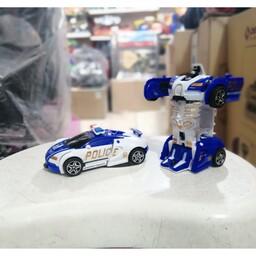 لوازم سیسمونی و اسباب بازی و پوشاک ماشین تبدیل شونده رباتی پلیس رنگ آبی و قدرتی
