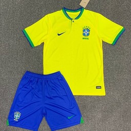 کیت لباس تیشرت بهمراه شورت بچه گانه باشگاهی و  تیم ملی برزیل رنگ زرد نایک ادیداس