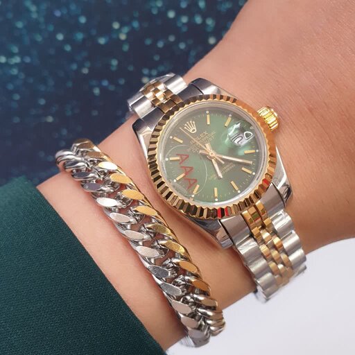 ساعت مچی زنانه رولکس صفحه سبز استیل جنس بند و بدنه ROLEX 