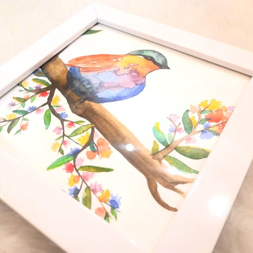 تابلو نقاشی آبرنگ طرح پرنده و گل