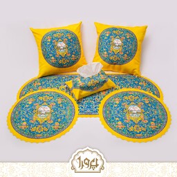 ست 6 تکه رومیزی مخمل طرح کاشی فیروزه محصولات هنری پرورا 