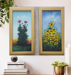  دو نقاشی گل رنگ روغن روی تخته سه لا انداره ها 40در 25